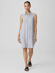 Striped Organic Linen Crinkle Sleeveless Shirtdress