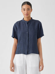 Washed Organic Linen Délavé Band Collar Shirt
