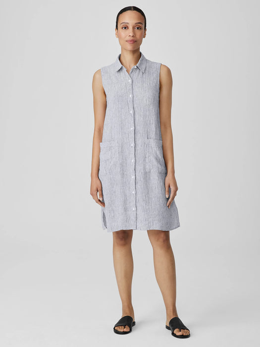 Striped Organic Linen Crinkle Sleeveless Shirtdress
