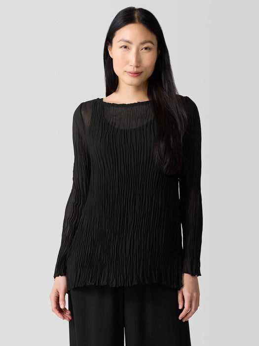 Crinkled Sheer Silk Georgette Bateau Neck Long Top