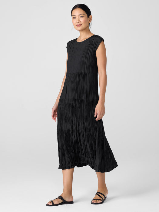 Crushed Silk Jewel Neck Tiered Dress