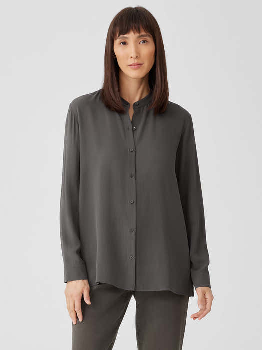 Silk Georgette Crepe Band Collar Shirt