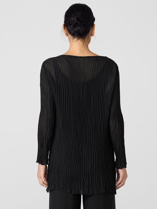 Crinkled Sheer Silk Georgette Bateau Neck Long Top