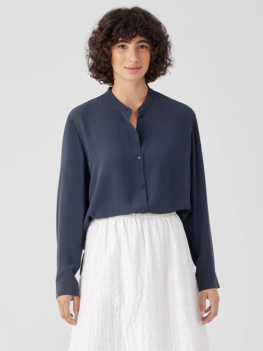 Silk Georgette Crepe Band Collar Shirt