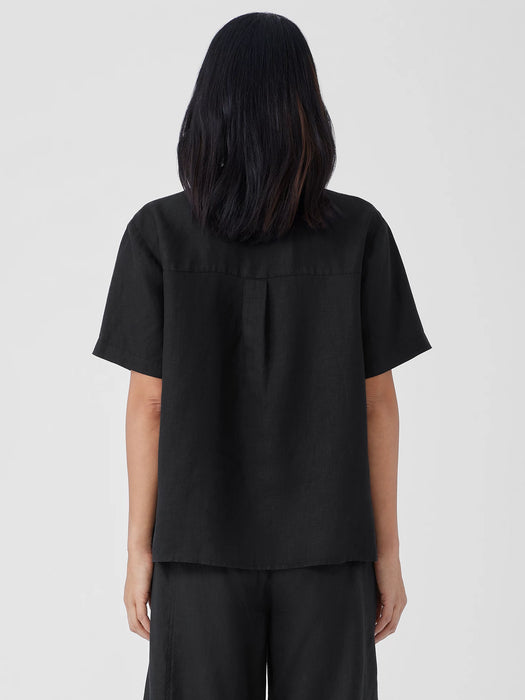 Organic Handkerchief Linen Band Collar Short-Sleeve Shirt