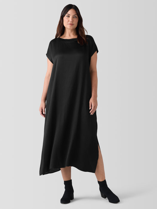 Striated Silk Satin Bateau Neck Dress