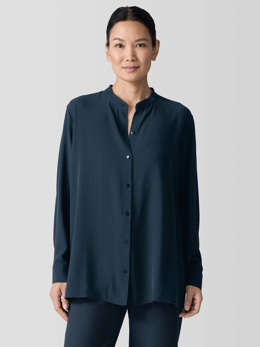 Silk Georgette Crepe Band Collar Shirt