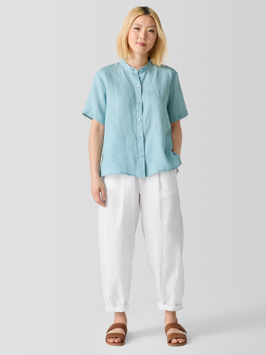 Organic Handkerchief Linen Band Collar Short-Sleeve Shirt