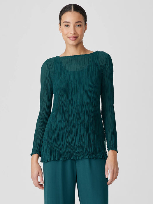 Crinkled Sheer Silk Georgette&nbsp;Bateau Neck Long Top
