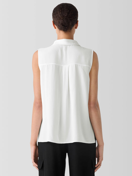Silk Georgette Crepe Classic Collar Sleeveless Shirt