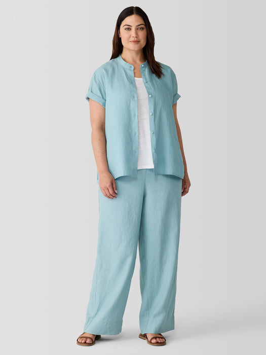 Organic Handkerchief Linen Band Collar Short-Sleeve Shirt