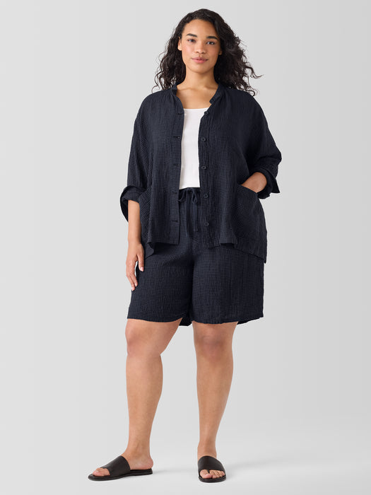 Puckered Organic Linen Band Collar Shirt Jacket