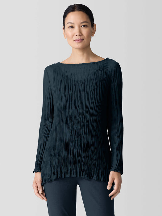 Crinkled Sheer Silk Georgette&nbsp;Bateau Neck Long Top