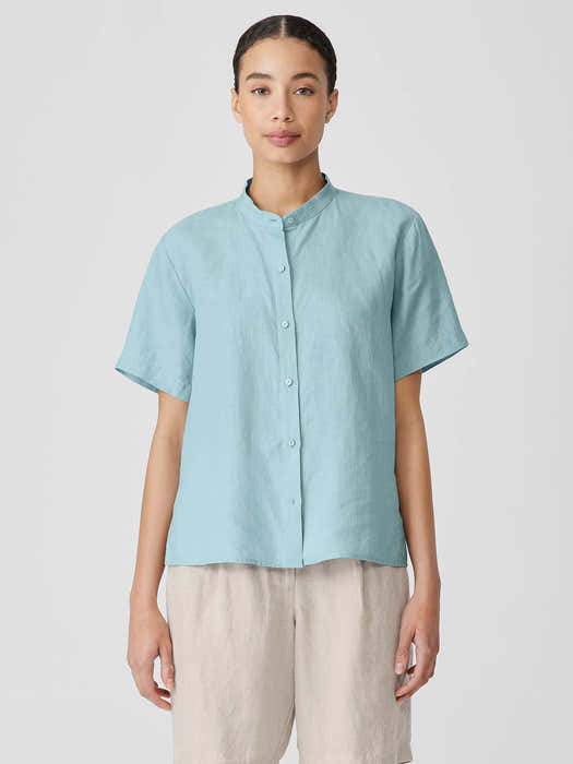 Organic Handkerchief Linen Band Collar Short-Sleeve Shirt