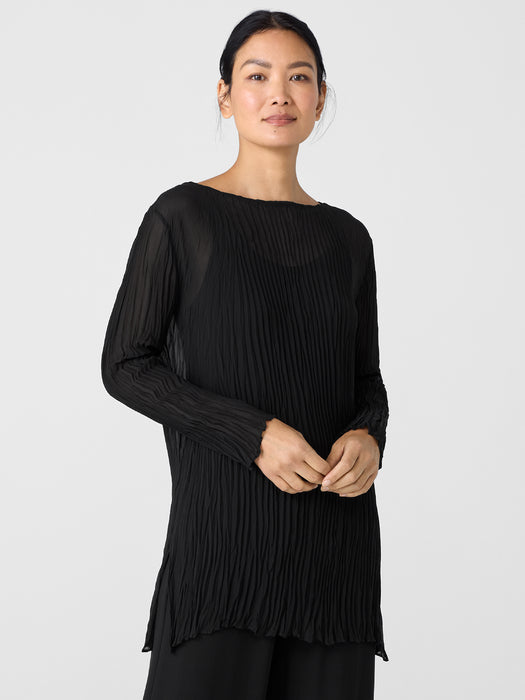 Crinkled Sheer Silk Georgette Bateau Neck Long Top