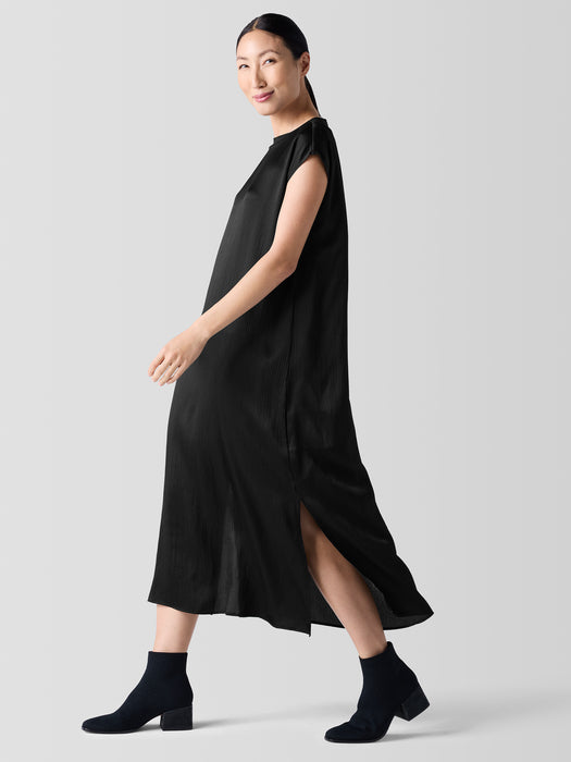 Striated Silk Satin Bateau Neck Dress