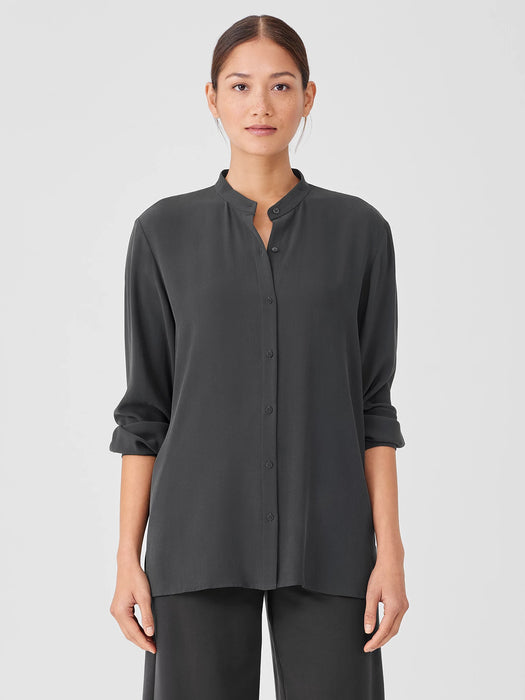 Silk Georgette Crepe Mandarin Collar Shirt