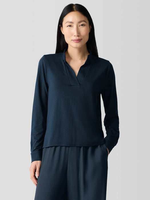 Stretch Jersey Knit Band Collar Top