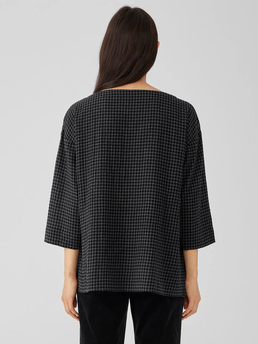 Wool Cotton Check Bateau Neck Top