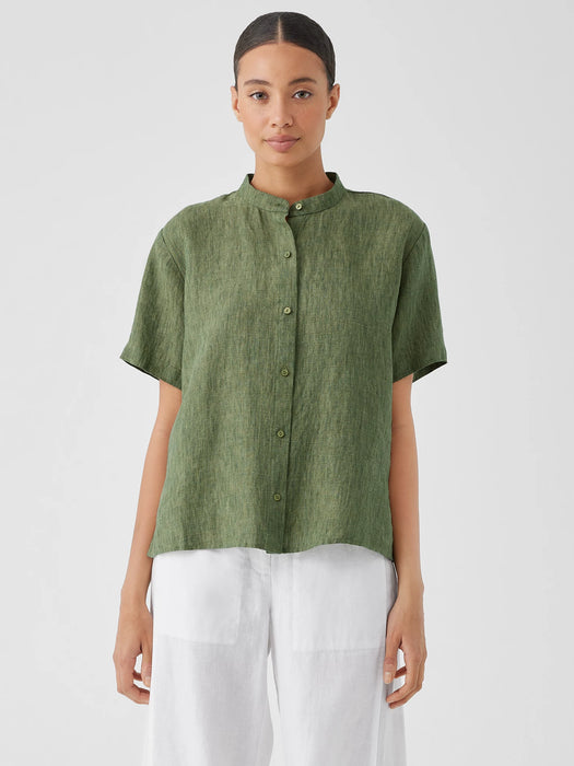 Washed Organic Linen D&eacute;lav&eacute; Band Collar Shirt