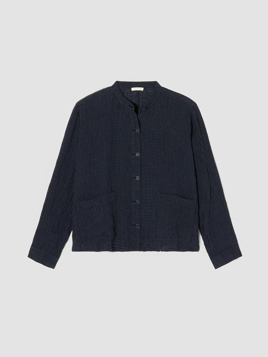 Puckered Organic Linen Band Collar Shirt Jacket