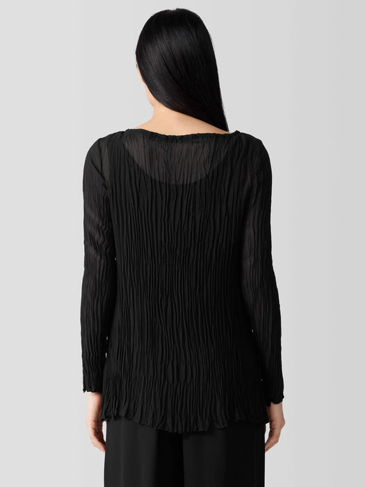 Crinkled Sheer Silk Georgette&nbsp;Bateau Neck Long Top